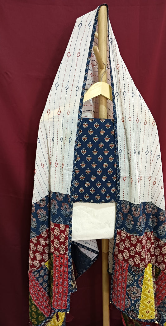 Cotton unstitched Suit with Dupatta - Indigo Colour