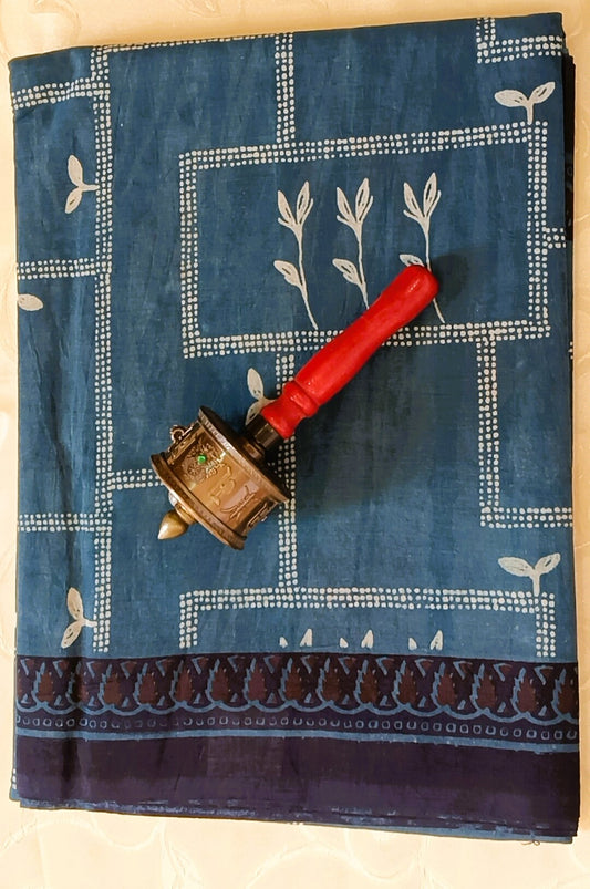 Bagru Handblock Printed Pure Cotton Mulmul Saree - Navy blue colour