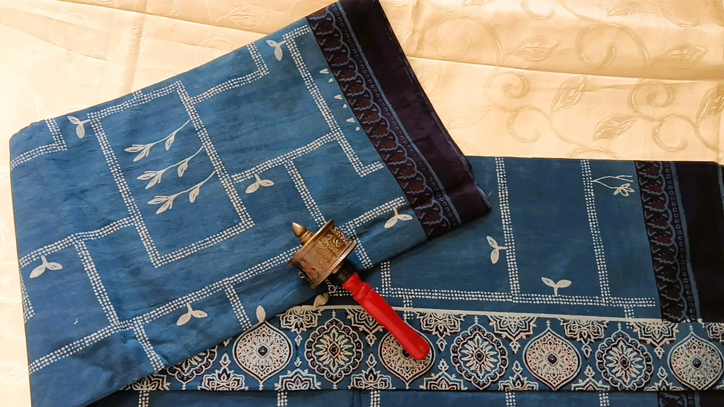 Bagru Handblock Printed Pure Cotton Mulmul Saree - Navy blue colour