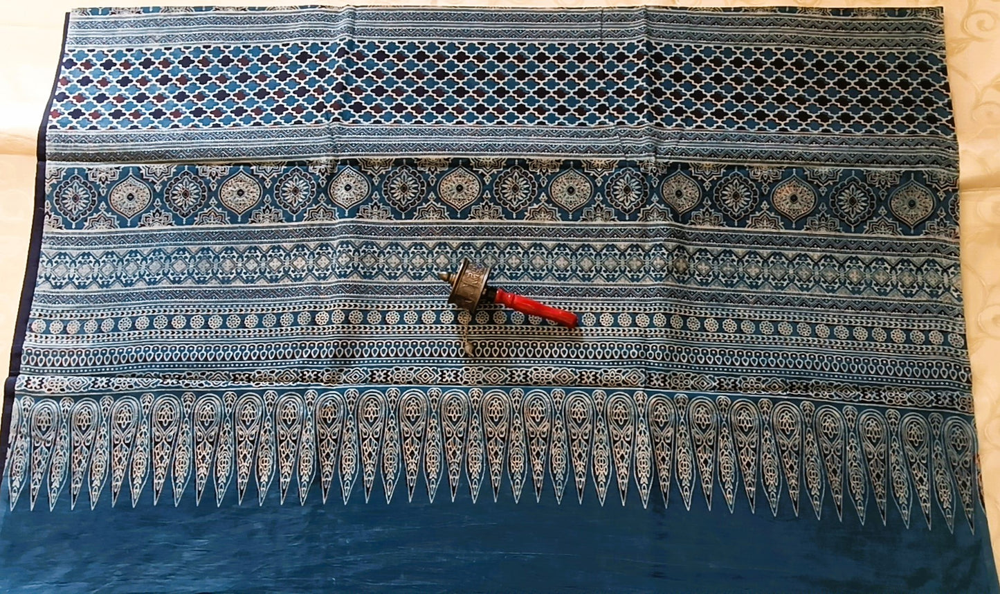 Bagru Handblock Printed Pure Cotton Mulmul Saree - Navy blue colour