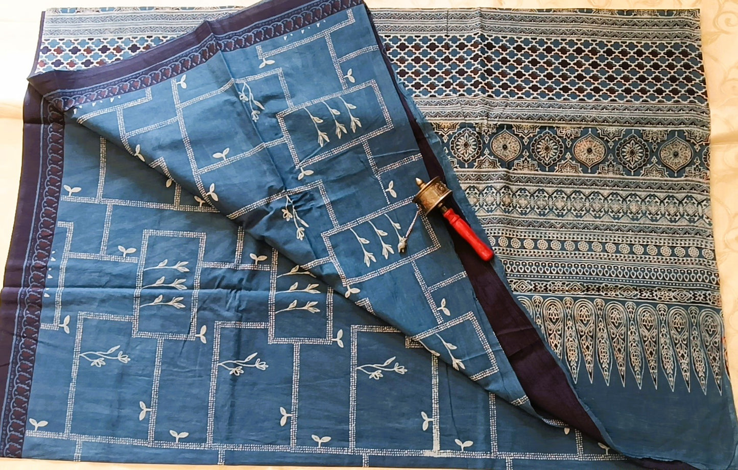 Bagru Handblock Printed Pure Cotton Mulmul Saree - Navy blue colour