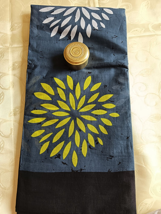 Hand Block Printed Pure Cotton Mulmul Saree - Dark Grey Colour