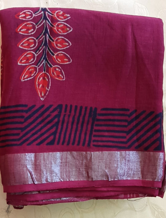 Hand Block Printed Linen Saree - Dark Pink