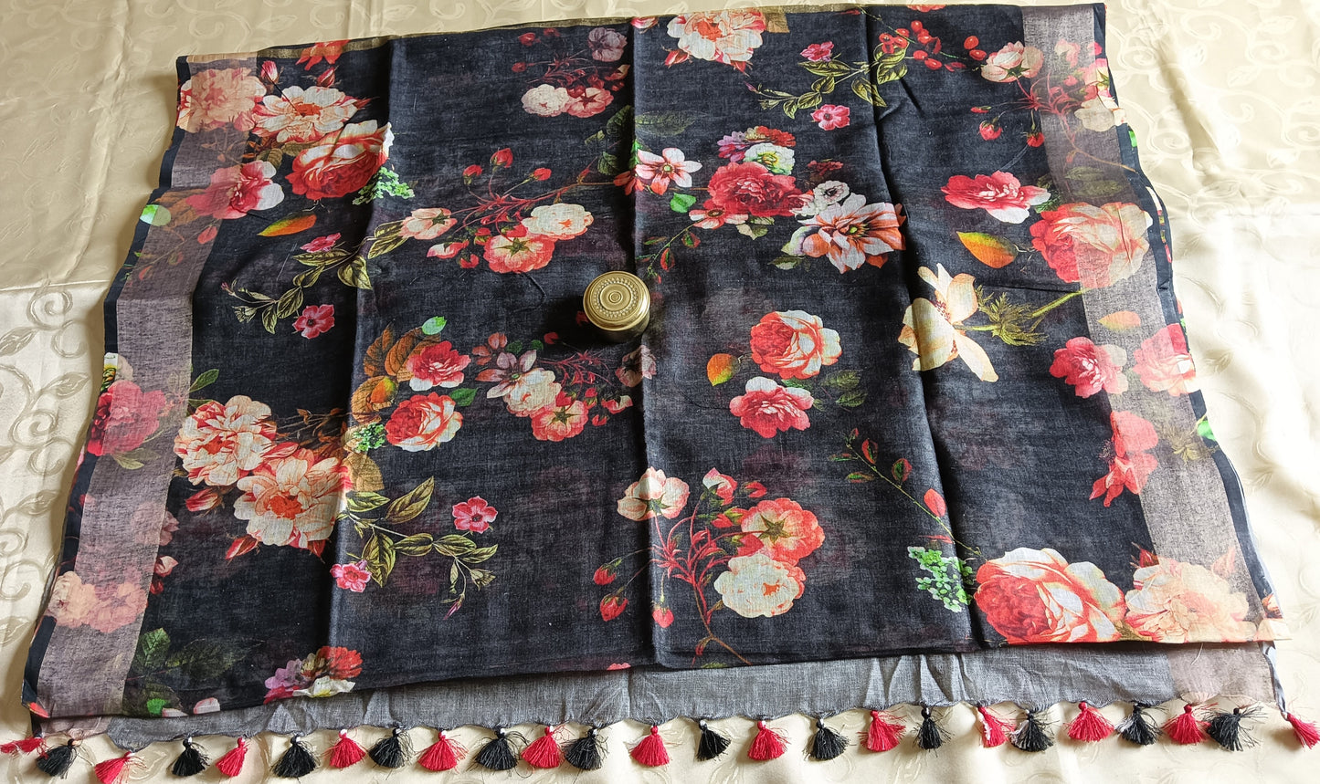 Soft Linen Cotton Digital Printed Saree - Black colour