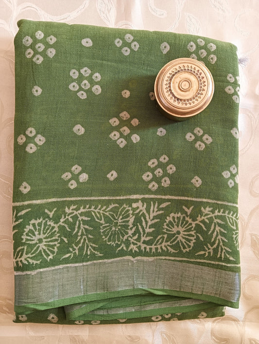 Hand Block Bagru Printed Linen Cotton Saree- Green Colour