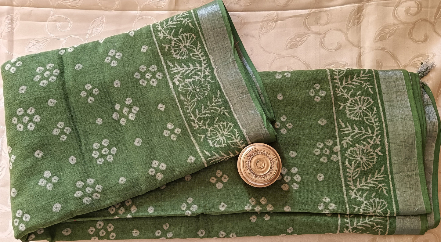 Hand Block Bagru Printed Linen Cotton Saree- Green Colour