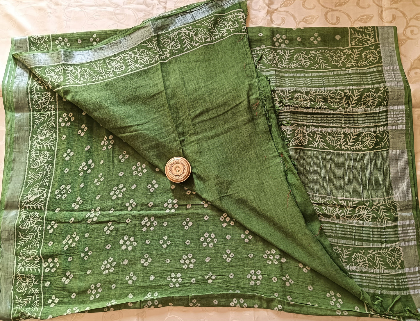 Hand Block Bagru Printed Linen Cotton Saree- Green Colour