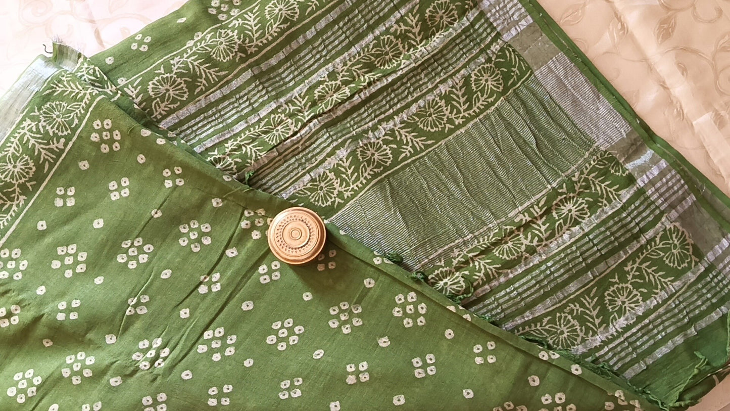 Hand Block Bagru Printed Linen Cotton Saree- Green Colour