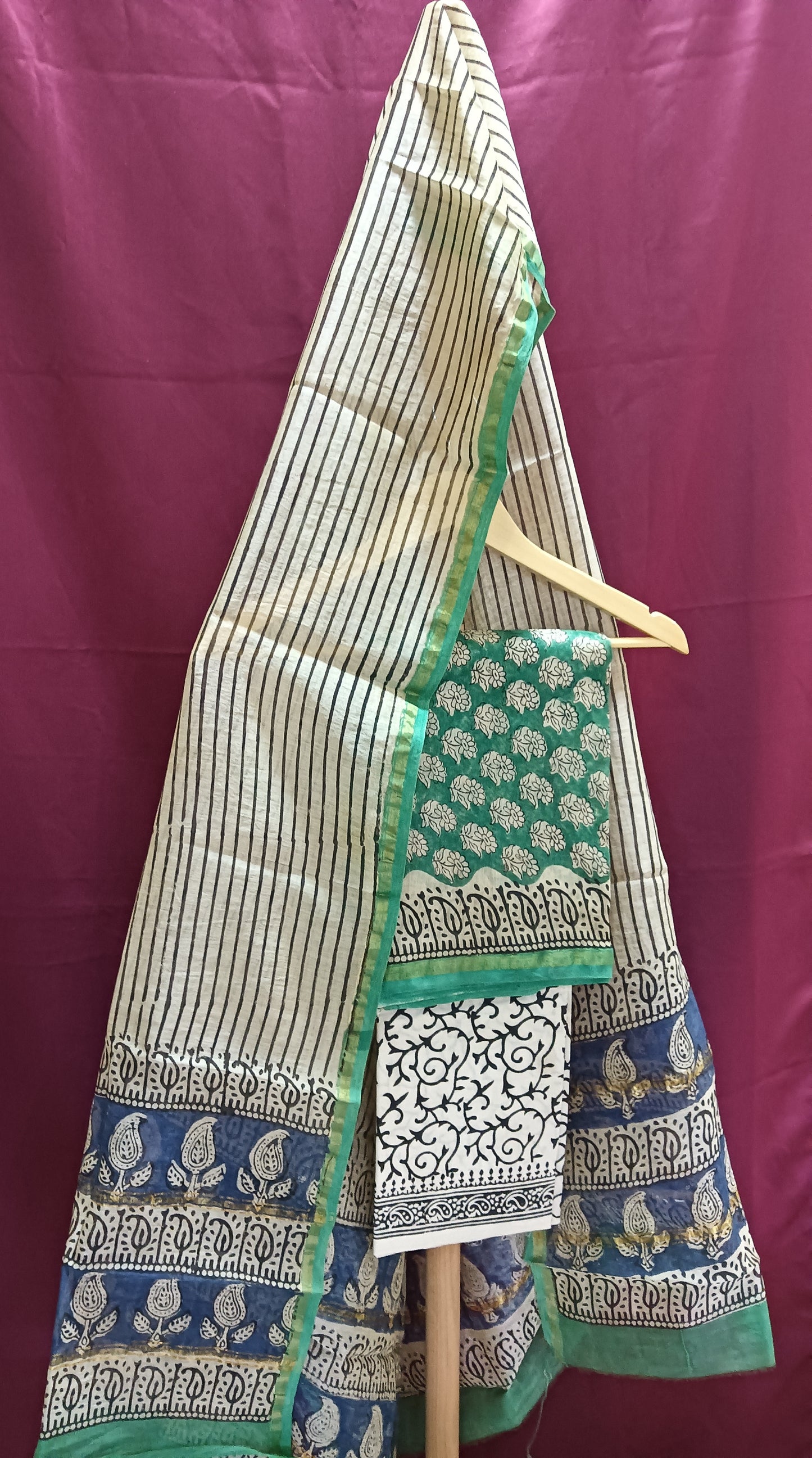 Pure Chanderi suit set with cotton bottom - Green colour