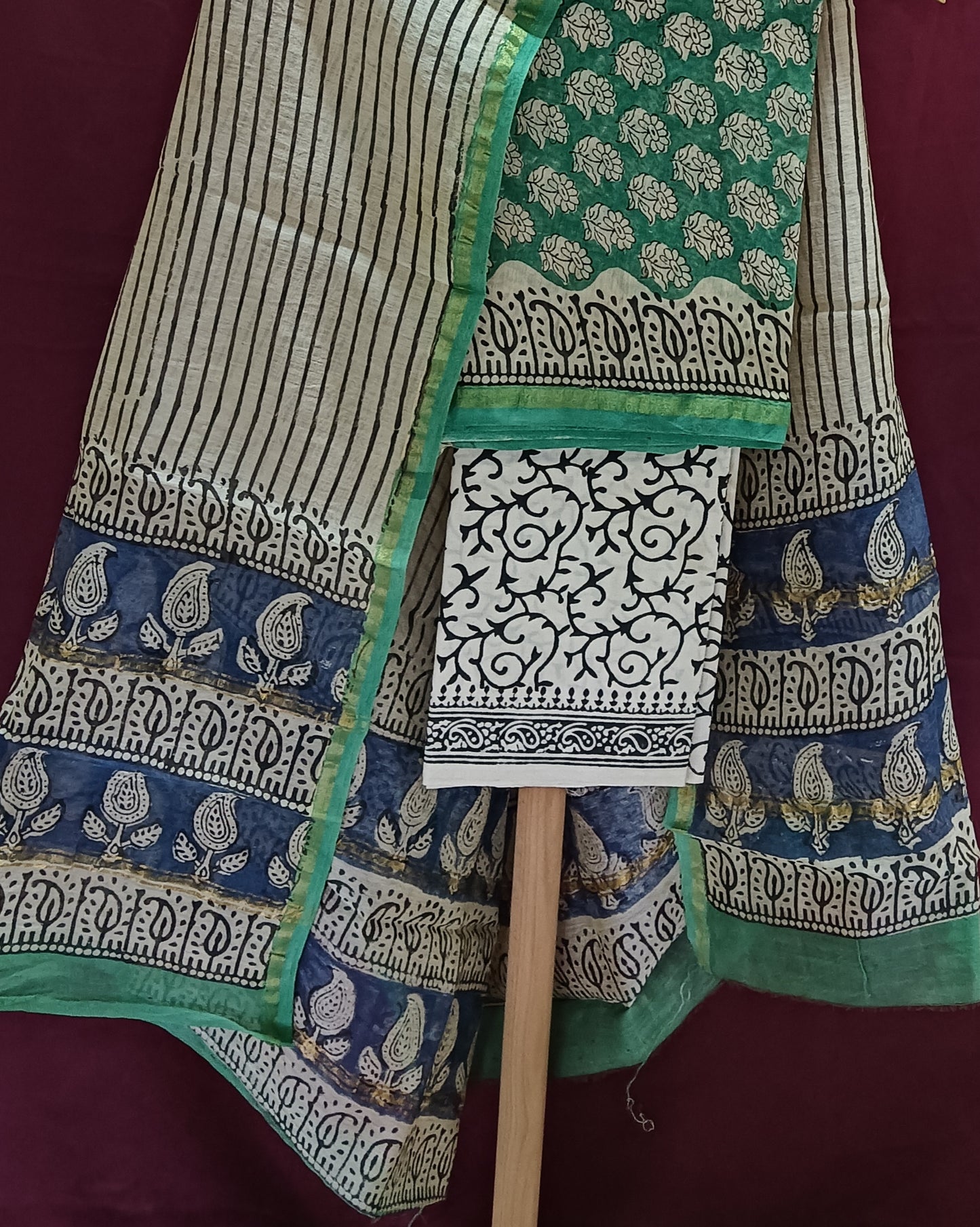 Pure Chanderi suit set with cotton bottom - Green colour