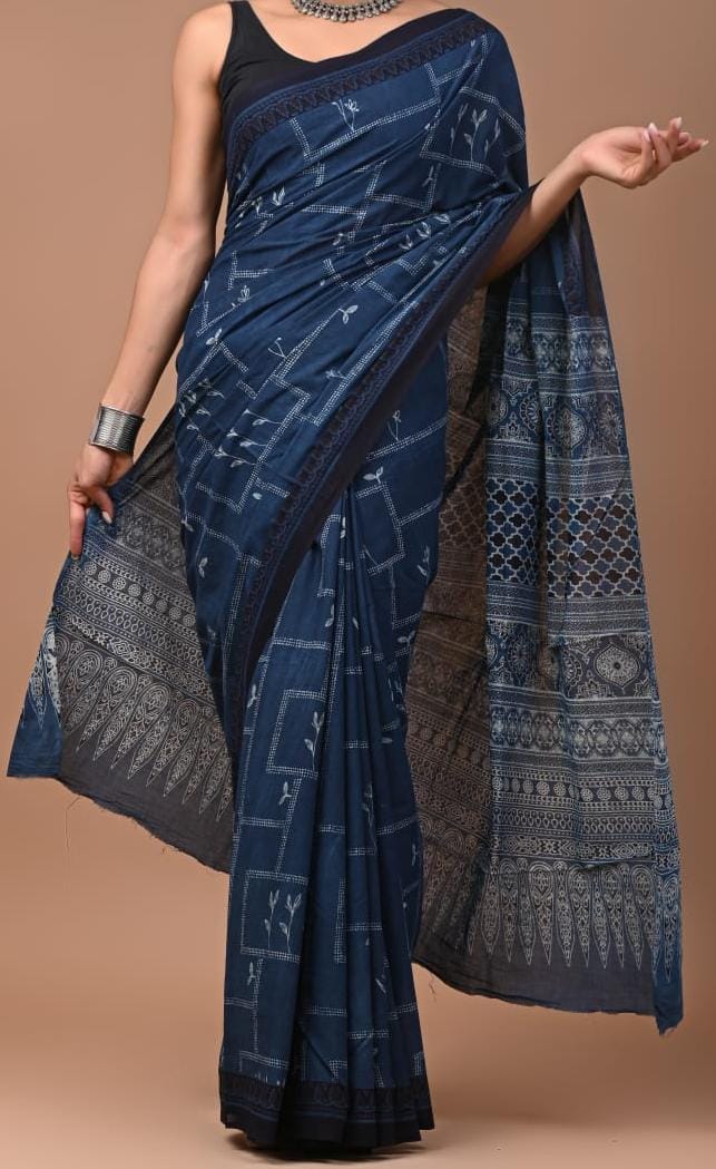 Bagru Handblock Printed Pure Cotton Mulmul Saree - Navy blue colour