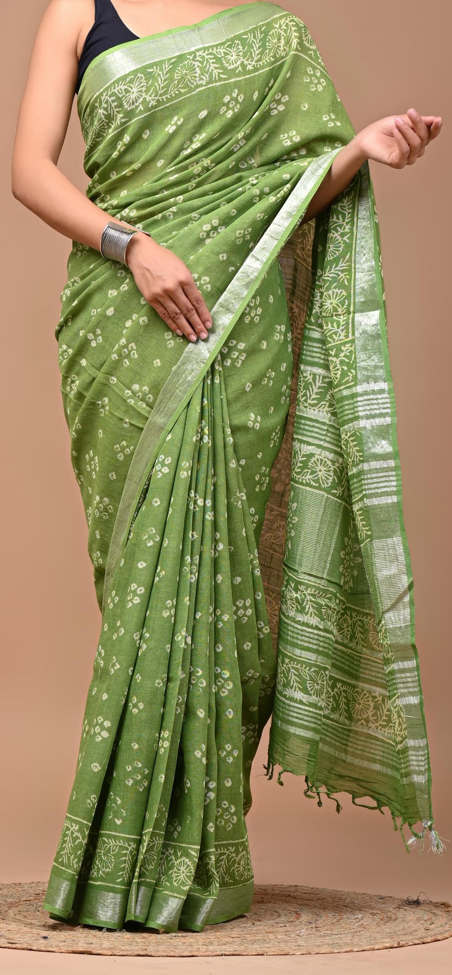 Hand Block Bagru Printed Linen Cotton Saree- Green Colour