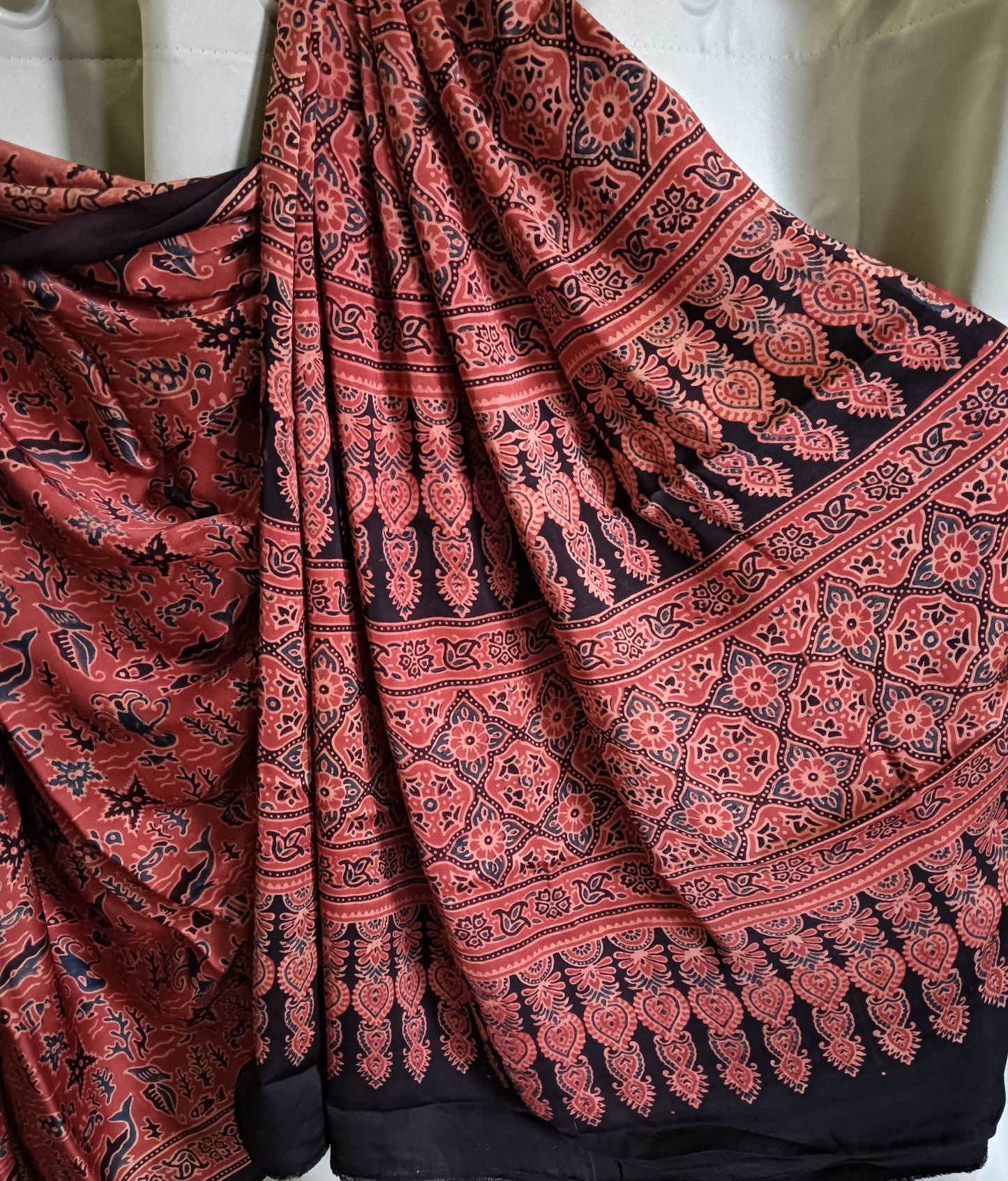 Ajrakh print modal silk saree