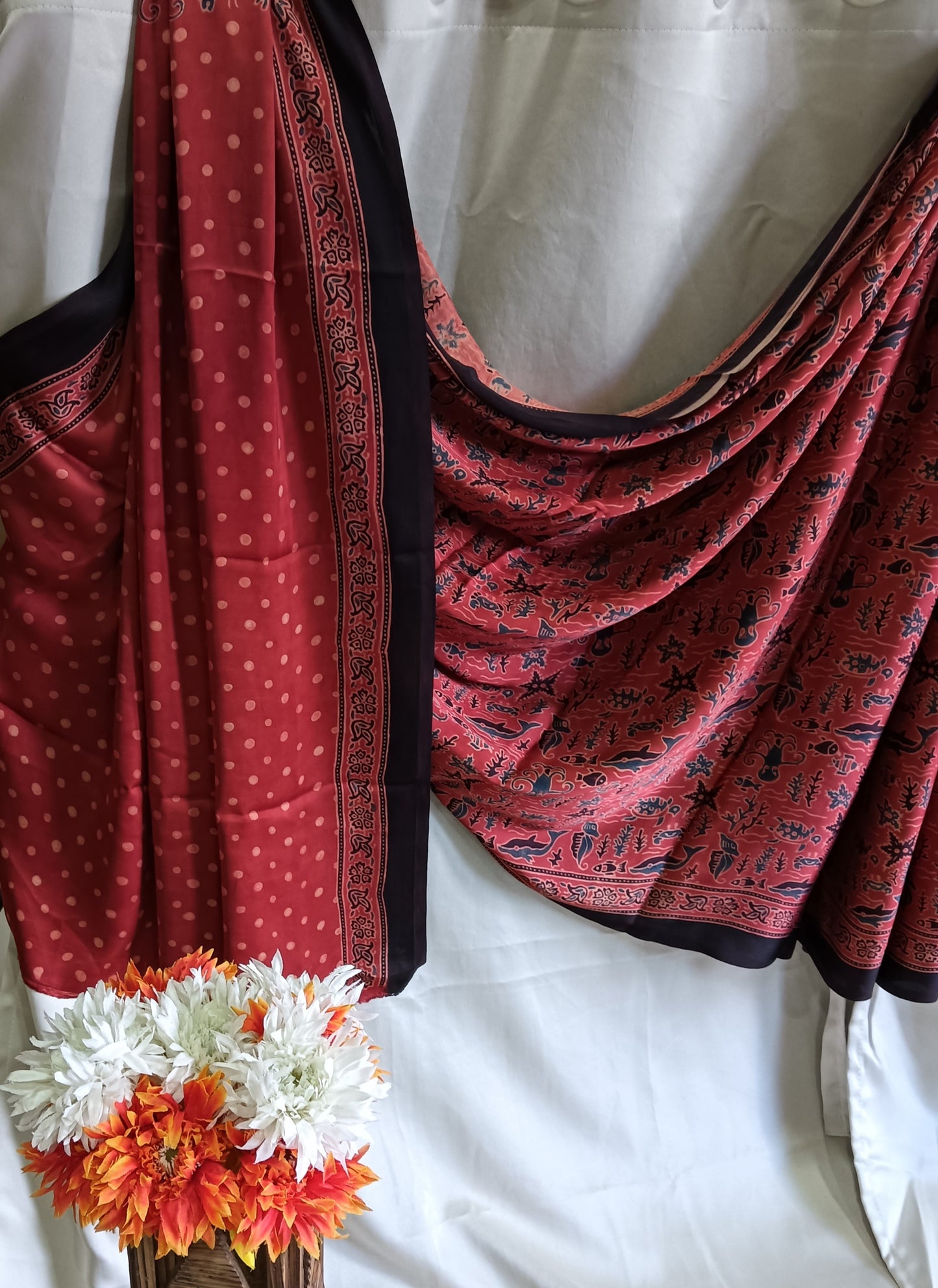 Ajrakh print modal silk saree