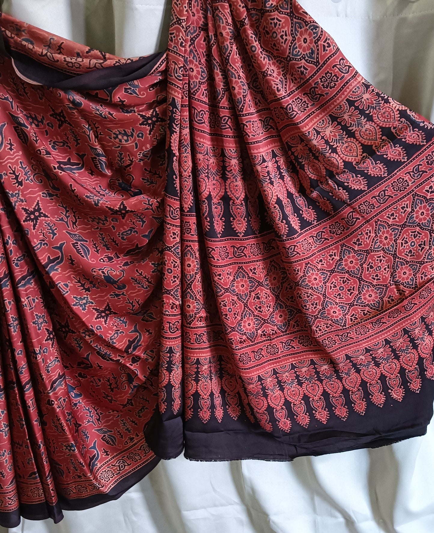 Ajrakh print modal silk saree