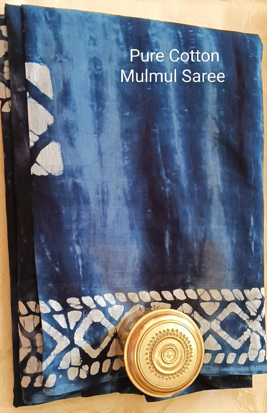 Pure Cotton Mulmul Saree - Indigo colour