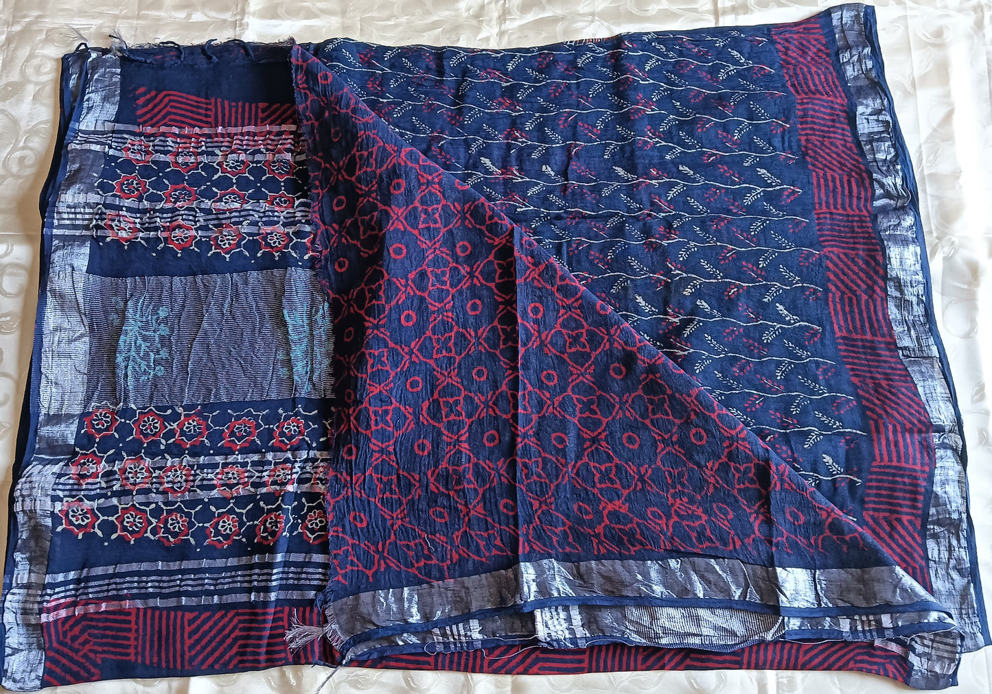 Hand Block Bagru Printed Linen Saree - Indigo