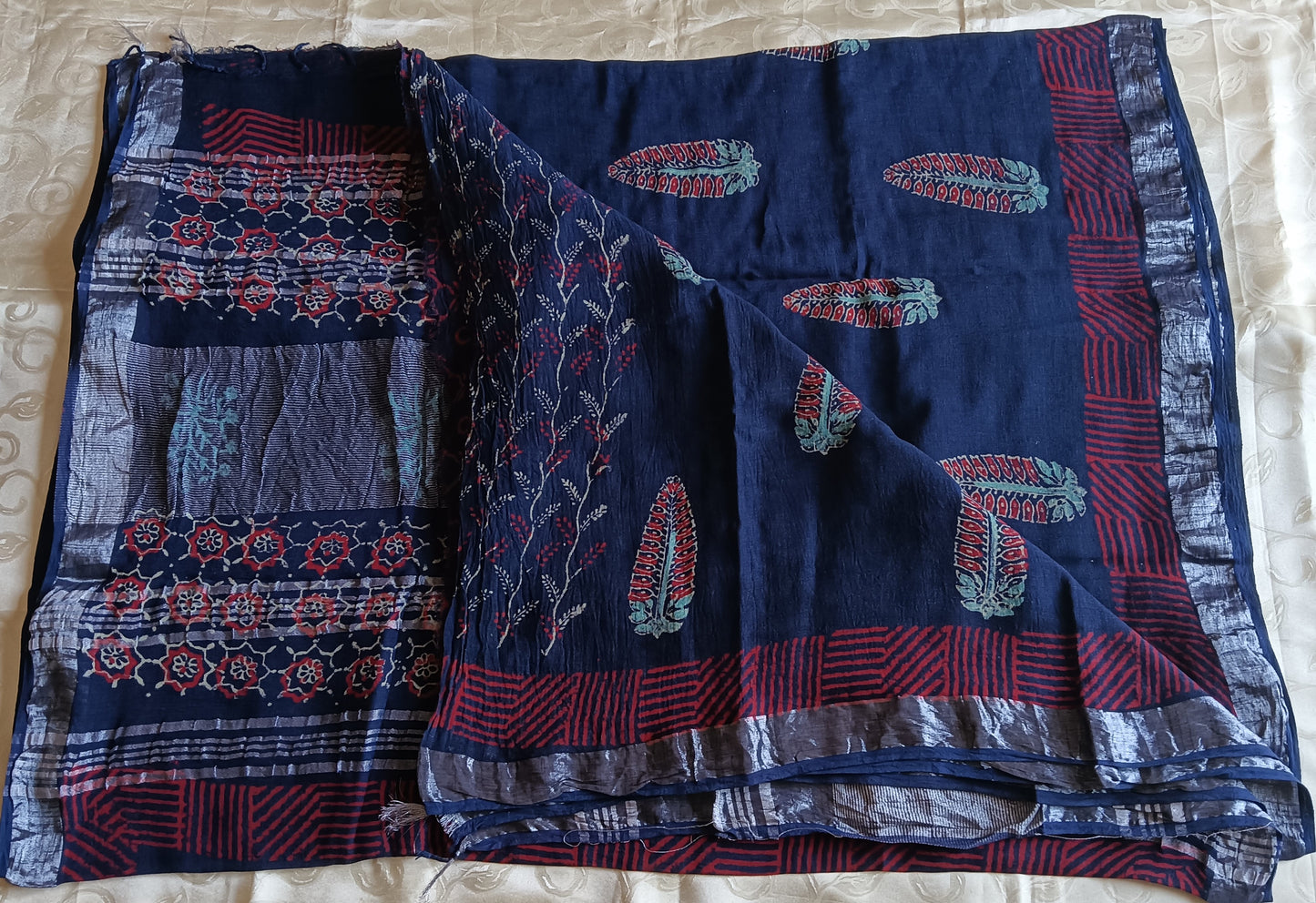 Hand Block Bagru Printed Linen Saree - Indigo