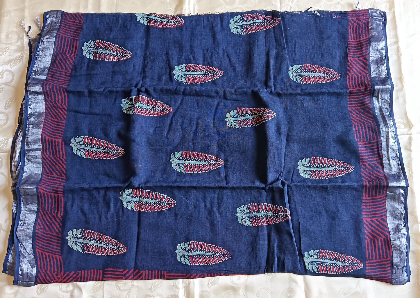 Hand Block Bagru Printed Linen Saree - Indigo