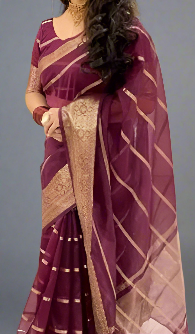 Banarasi  Semi Georgette Silk Saree - Deep Maroon Colour