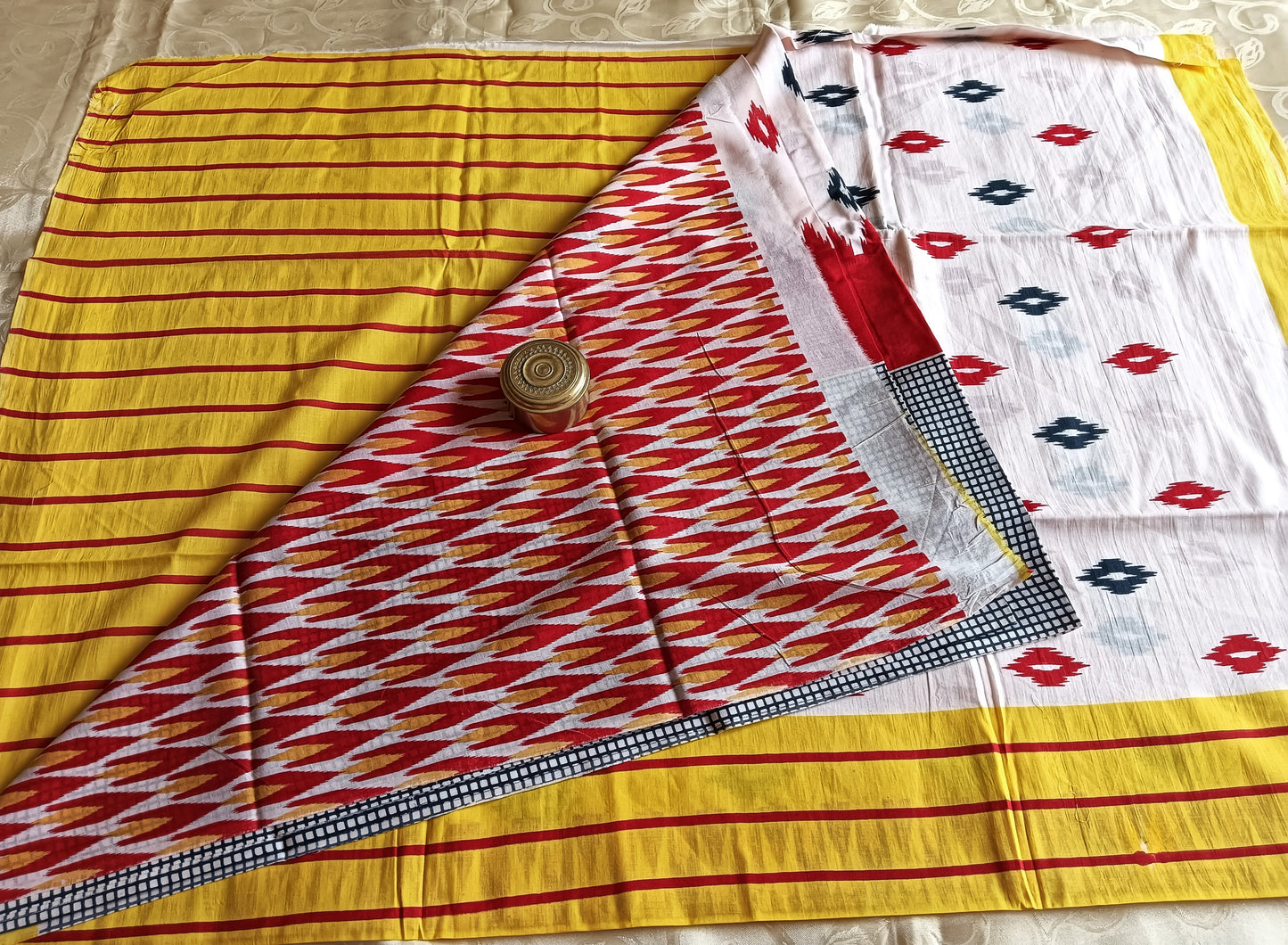 Hand Block Printed Cotton Mulmul Saree - Cream