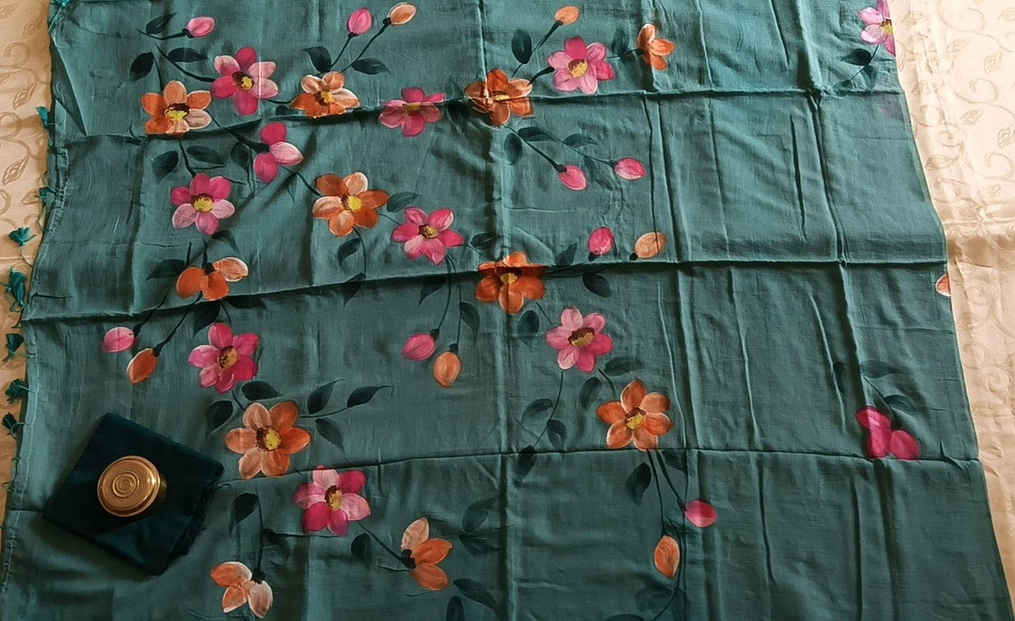 Hand Painted Cotton Mulmul Saree - Blue